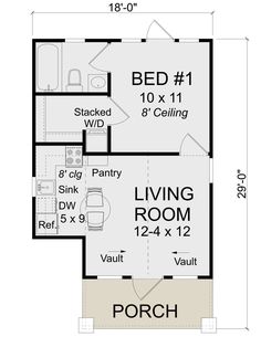 the floor plan for a small house with two bedroom and living room, including an attached garage