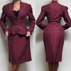 70s Vintage Union Made Ilgwu Burgundy Pleated Blazer Pencil Skirt Set, Suit. This Vintage 1970s Herringbone Burgundy Suit, Ilgwu Made, Features A Standing Collar, Puff Shoulders And Pleated Flared Hem Along With A Pencil Skirt To Give You That Full 70s 9 To 5 Look! - Herringbone Design In A Dark Burgundy Color, Feels Like A Wool And Polyester Blend - Unlined - Non-Stretchy - Blazer Jacket - Long Sleeves With Puff Shoulders - Standing Collar And V-Neck - Button Closure, Fitted Waist, Belted - Dee Pleated Blazer, Womens Skirt Suits, Burgundy Suit, Herringbone Design, Dark Burgundy, 9 To 5, Standing Collar, Union Made, Jacket Long