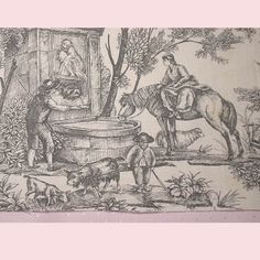 a drawing of people and animals near a well