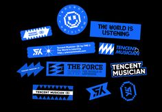 blue and white stickers on a black background that say the force, tencent musician