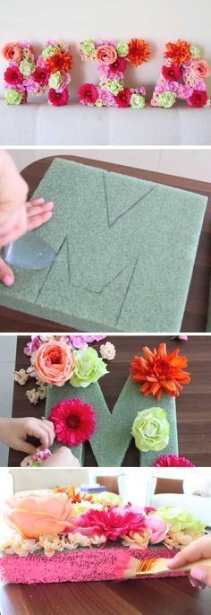 flowers are being made with felt and glue to make a flower centerpiece for the table