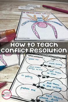 two pictures with the words, how to teach conflict resolution and an image of a spider