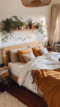 a bed sitting in a bedroom next to a window with potted plants on top of it