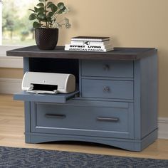 a desk with a printer on top of it and a potted plant next to it