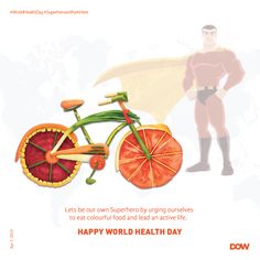 a man standing next to a bike made out of fruits and vegetables with the caption happy world health day