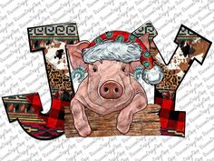 a pig wearing a santa hat and sitting in front of the letter j