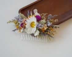 "Natural thistle lavender dry flower mixed bridal hair comb, Bohemian wedding hair accessories, mixed wild flower girl comb 🌿Approx. 5.5\" wide by 3.5\" tall 🌿Price as a comb Everlasting dried flower hair comb. Perfect for weddings, bridesmaids, brides, flower girls, engagement shoot, maternity shoot, showers. *Each arrangement is handmade to order. *Each arrangement is handmade with the same components however each of them are arranged slightly different. The colors and size may vary from one Dried Flower Hair Piece, Bohemian Wedding Hair Accessories, Bohemian Wedding Hair, Hairdo Wedding, Lavender Hair, Dry Flower, Flower Hair Comb, Bridal Comb, Short Wedding Hair