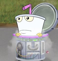 a cartoon character sitting in front of a broken toilet