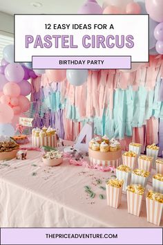 a pastel circus birthday party with pink, purple and blue balloons on the wall