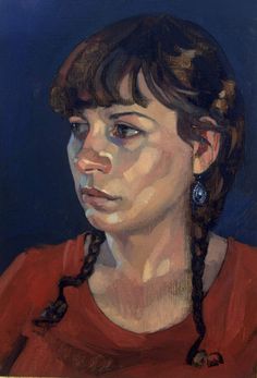 a painting of a woman with braids on her hair and wearing a red shirt