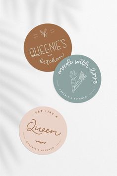 three round stickers with the words queen, eat like a queen and an image of a carrot