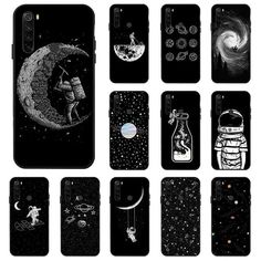 six phone cases with different illustrations on them