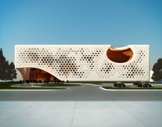 an architectural rendering of a large building with circular holes on the side and people walking around it