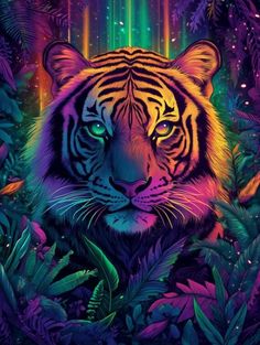 a tiger in the jungle surrounded by plants and trees with bright lights on it's face