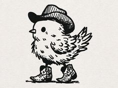 a drawing of a chicken wearing a hat and boots