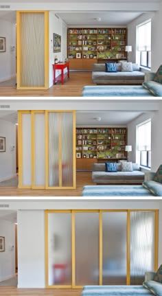 two pictures of the inside of a house with sliding glass doors and wood flooring