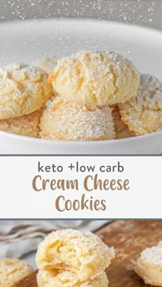 keto - low carb cream cheese cookies in a white bowl with powdered sugar on top