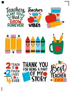 teacher appreciation stickers with pencils, crayons and apple on them for teachers day