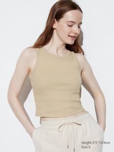 Ribbed Cropped Sleeveless Bra Top | UNIQLO US Uv Protection Clothing, Puffer Jacket Style, Chino Joggers, Healthy Style, Uniqlo Tops, Top Bra, Cardigan Shirt, Things I Want To Buy, Effortless Look