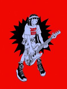 a drawing of a person with a guitar in front of a red background that says bob's burgers