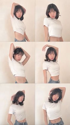 four pictures of a woman in white shirt and jean shorts with her hands on her head