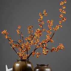 two brown vases with yellow and red flowers in them sitting next to each other