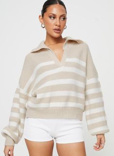 Knit sweater Oversized fit, v-neckline, classic collar, drop shoulder Non-stretch material, unlined  52% acrylic 28% nylon 20% polyester Cold hand wash Cute Striped Sweaters, Church Fits Casual, Cute Fall Sweaters, Autumn Styles, Knit Sweater Oversized, Friday Outfit, Collared Sweater, Boho Outfit, College Fits