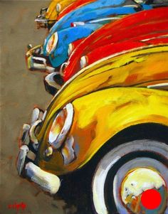 an oil painting of colorful cars parked side by side