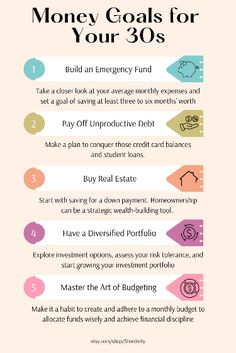 a pink poster with the words money goals for your 30's and an image of a