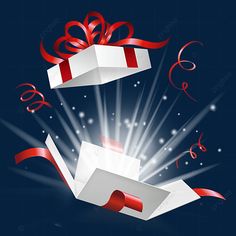 an open gift box with red ribbon and streamers around it on a blue background