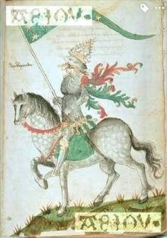 an old book with a drawing of a man riding on a horse and holding a flag