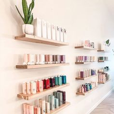 the shelves are filled with many different types of hair and body care products on them