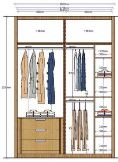 a closet with clothes hanging on it and measurements for the door, drawers, and shelves