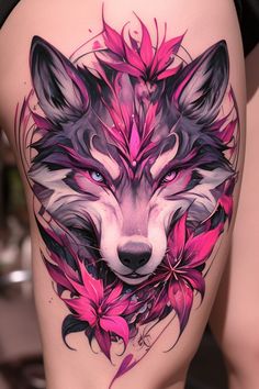 a woman's thigh with a wolf and flowers tattoo design on the side of her leg