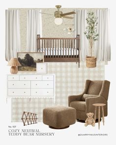 a baby's nursery with neutral colors and accessories, including a crib, rocking chair, dresser, lamp, teddy bear