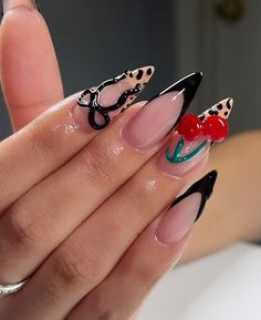 Black Cherry Nails, Cherry Nail Art, Cherry Nail, Cheetah Print Nails, Quick Nail, Nail Trend, Cherry Nails, Plaid Nails, Red Nail Designs