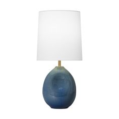 a blue table lamp with a white shade on the base and a light bulb attached to it