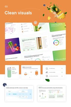 an orange and green website design with the words clean visuals on it's side