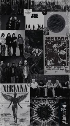 the nirvana band collage is featured in this black and white photo with many different posters