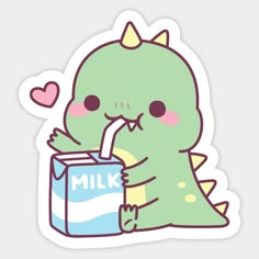 a sticker with a cartoon dinosaur drinking milk