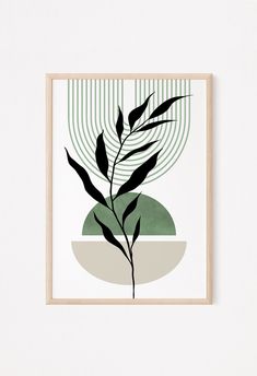 a framed print with a plant in the center and an abstract background, on a white wall