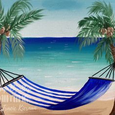 a painting of a hammock between two palm trees