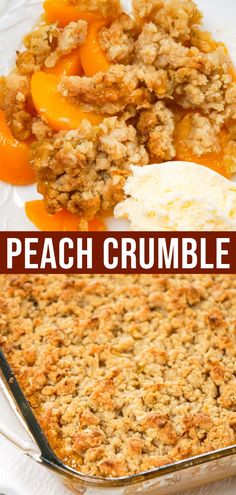 peach crumbled dessert on a plate with the words peach crumbled above it