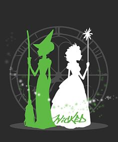 the silhouettes of two people dressed in green and white are standing next to each other