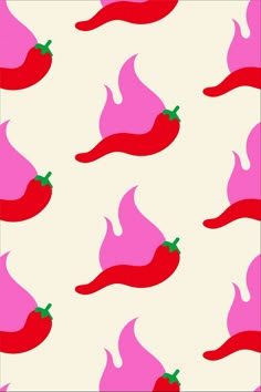 red peppers on a white background with pink and green shapes in the middle, all over