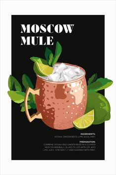 an advertisement for moscow mule with limes and mint leaves on the rim, in front of a black background