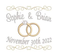 two wedding rings on top of each other with the words, name and date printed on them