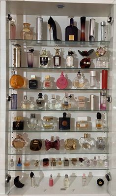 a display case filled with lots of different types of perfumes