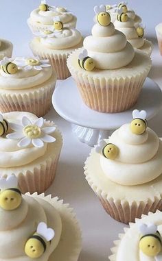 cupcakes decorated with white frosting and yellow bee decorations