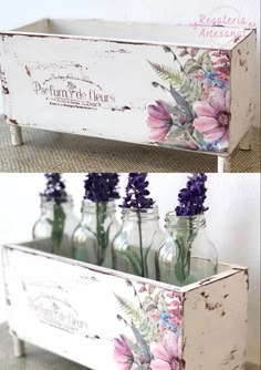 an old wooden box with flowers painted on the sides and bottom, is shown in two different ways